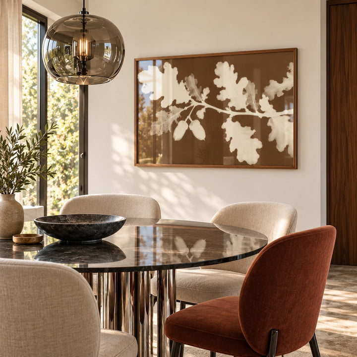 Tea Toned Oak Leaves Print styled in a dining room (frame not included)