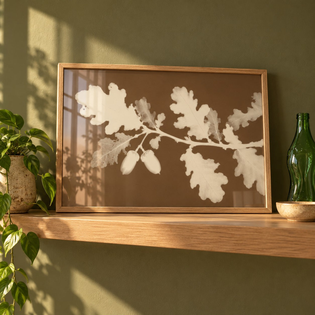 Tea Toned Oak Leaves Print styled on a shelf against a green wall (frame not included)