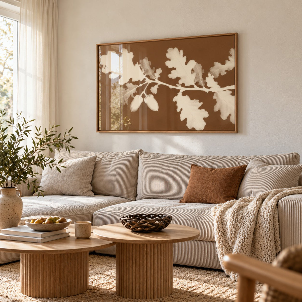 Tea Toned Oak Leaves Print styled above a living room sofa (frame not included)