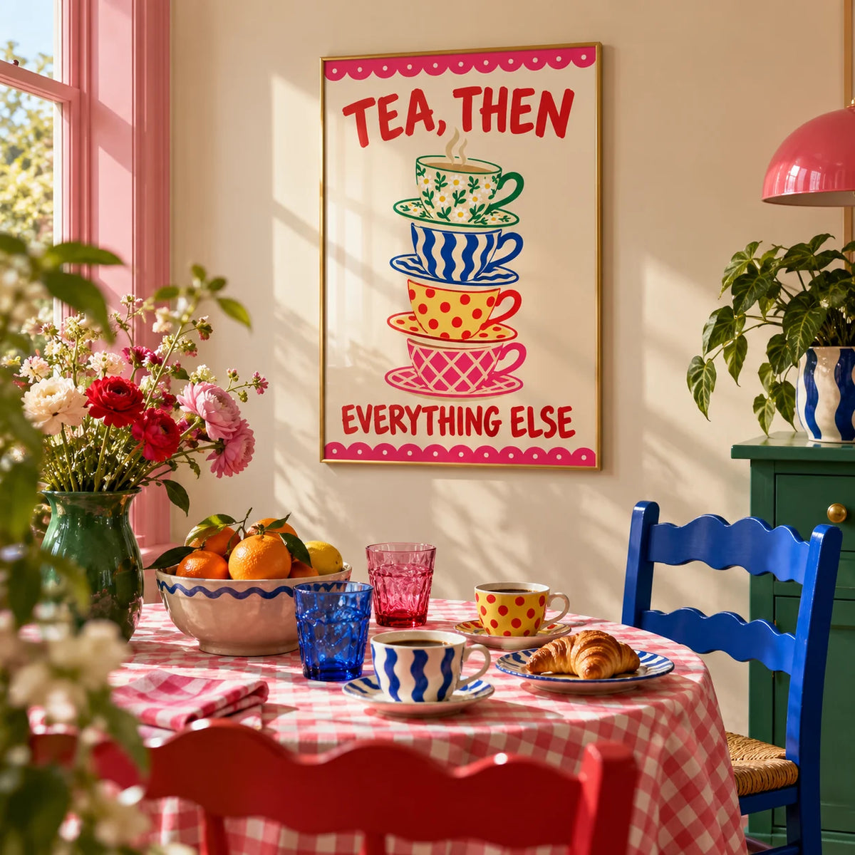 Teacup Tower Print, framed on the wall of a bright breakfast nook in a kitchen