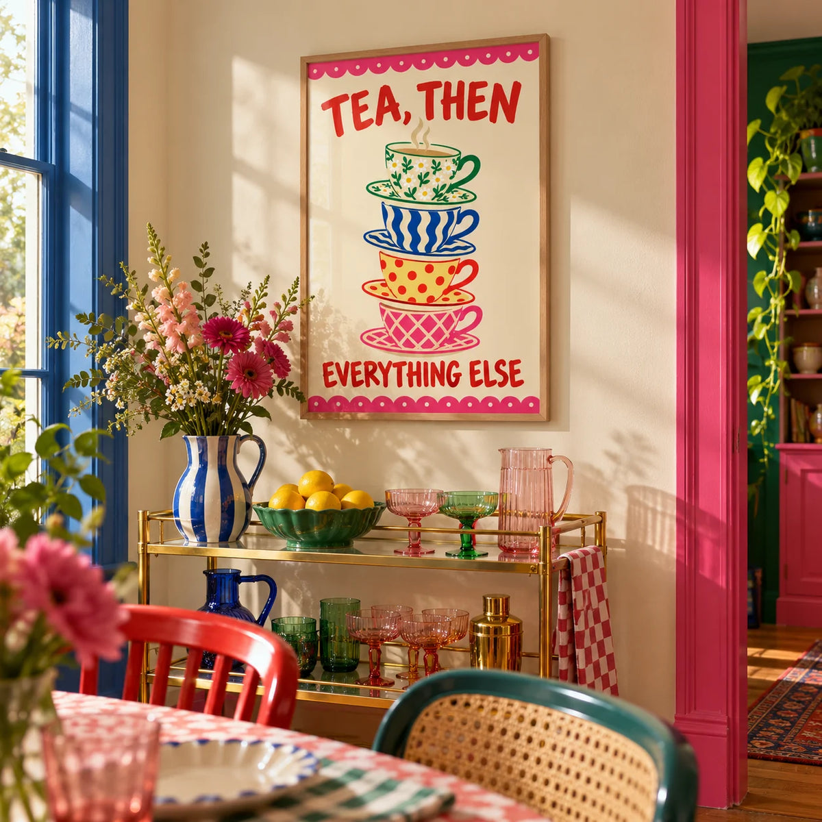 Teacup Tower Print, framed on the wall of a colourful dining corner