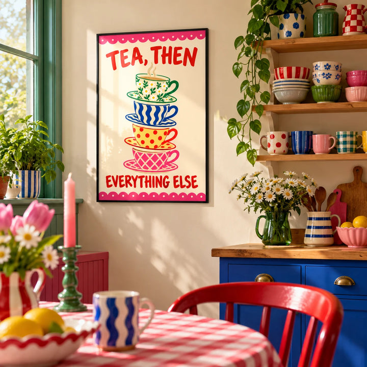 Teacup Tower Print, framed on the wall of a fun kitchen corner
