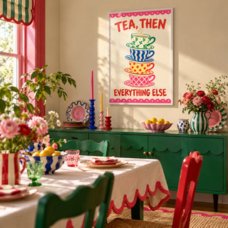 Teacup Tower Print, framed on the wall of a maximalist dining room
