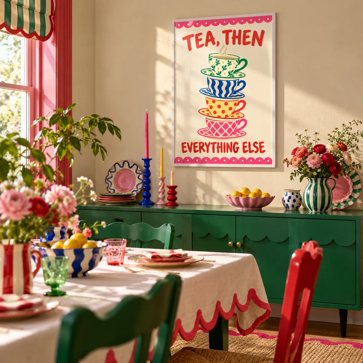 Teacup Tower Print, framed on the wall of a maximalist dining room