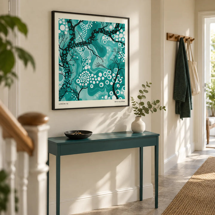 Teal Abstract Wall Art, framed on the wall of a bright hallway in a renovated UK terrace with a cream wall and pale stone floor