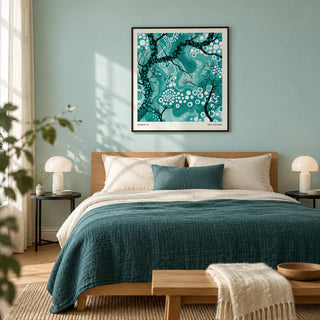 Teal Abstract Wall Art, framed on the wall of a calm contemporary bedroom with a pale aqua painted wall and oak floor