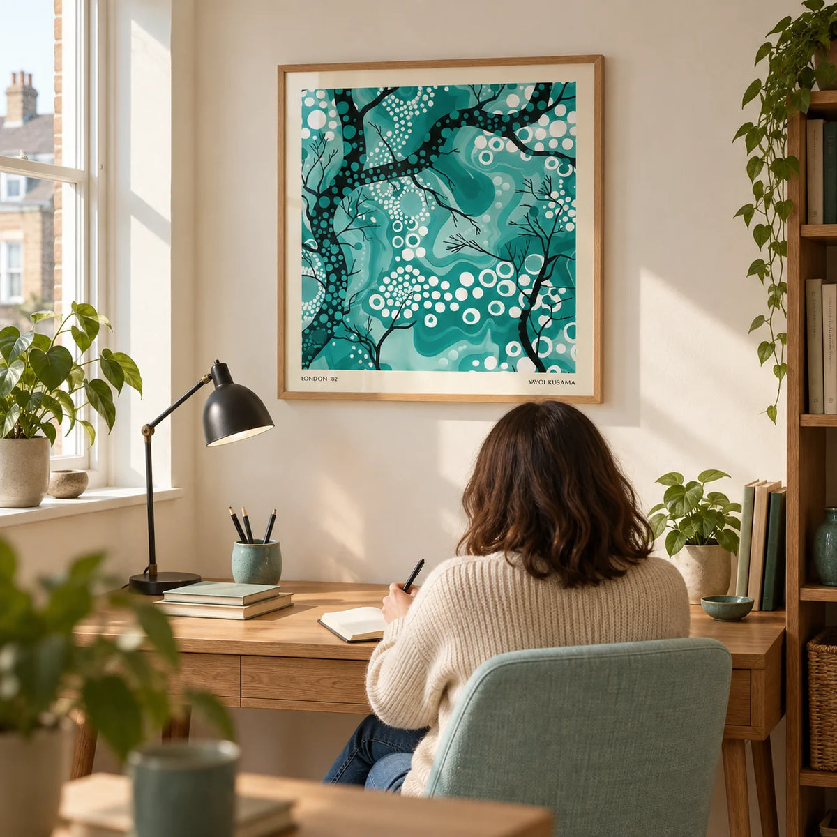 Teal Abstract Wall Art, framed on the wall of a compact home study in a modern UK flat with a warm white wall