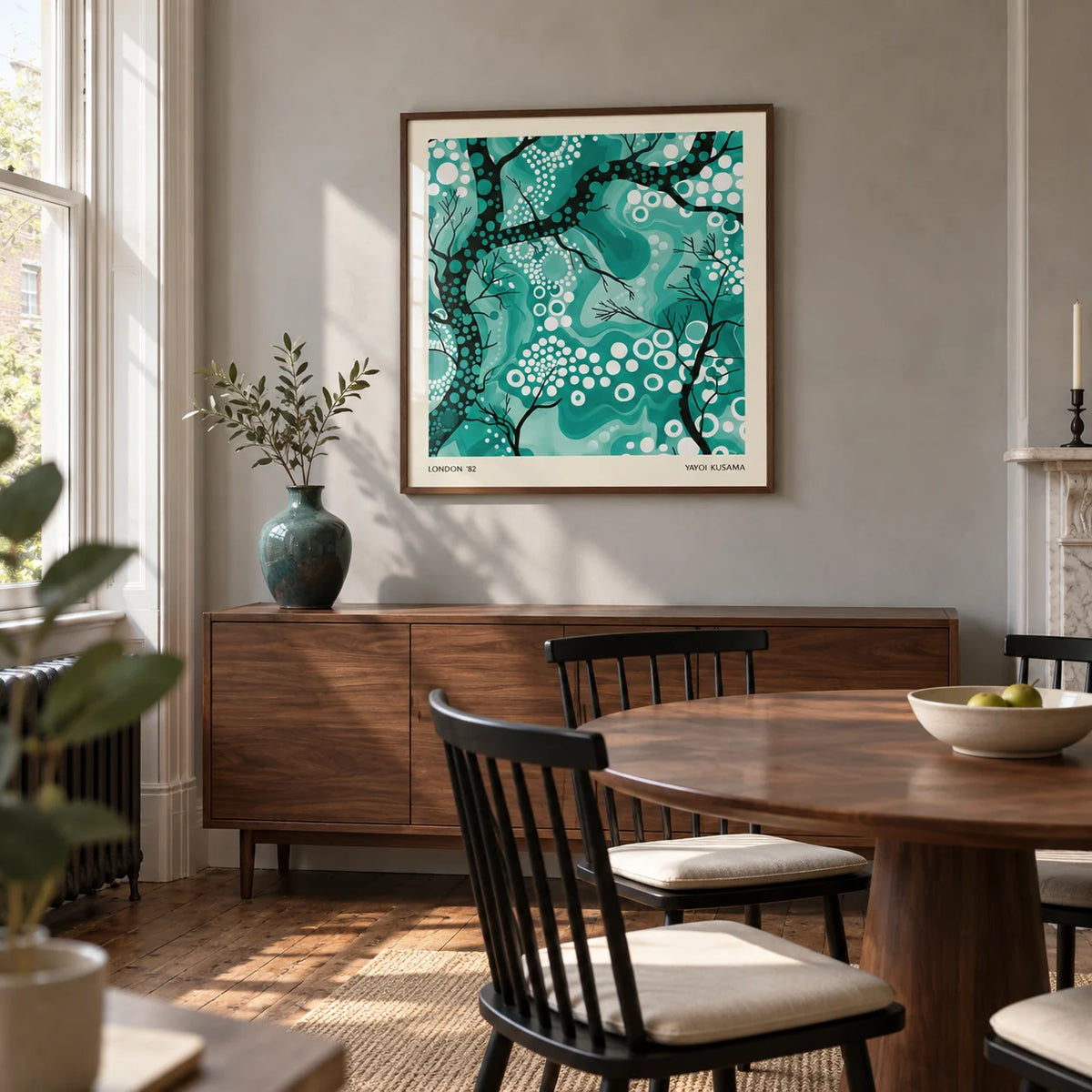 Teal Abstract Wall Art, framed on the wall of a design-led dining room in a Victorian terrace with a pale grey plaster wall