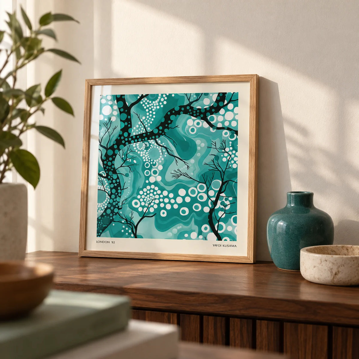 Teal Abstract Wall Art, a small A4 framed print leaning on a walnut shelf in a living room