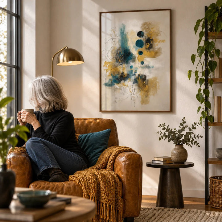Teal And Black Art Print, framed on the wall of a reading corner in a living room