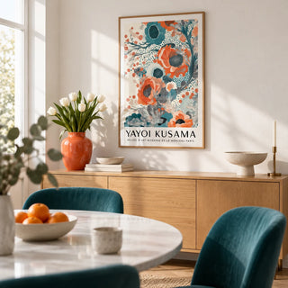 Teal and Orange Wall Art, framed on the wall of a bright dining room with a white wall