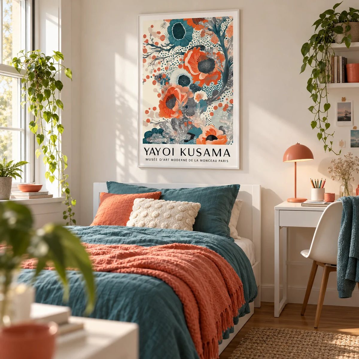 Teal and Orange Wall Art, framed on the wall of a fresh teen girl's bedroom (13-17) with a warm white wall
