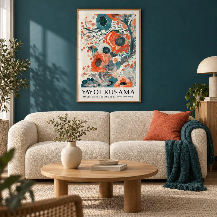 Teal and Orange Wall Art, framed on the wall of a modern living room with a deep teal painted wall and a light oak floor