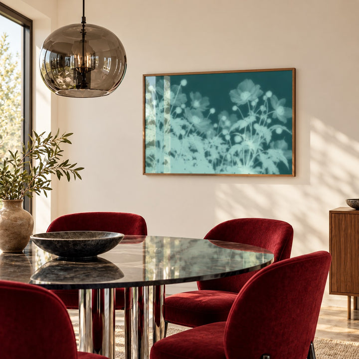 Teal Anemone Print styled in a dining room (frame not included)