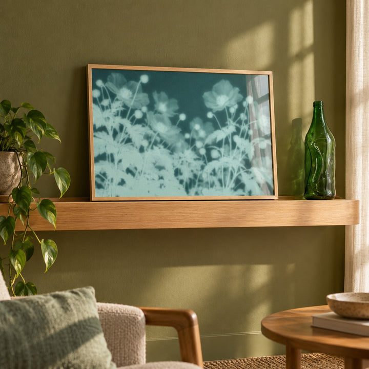 Teal Anemone Print styled on a shelf against a green wall (frame not included)