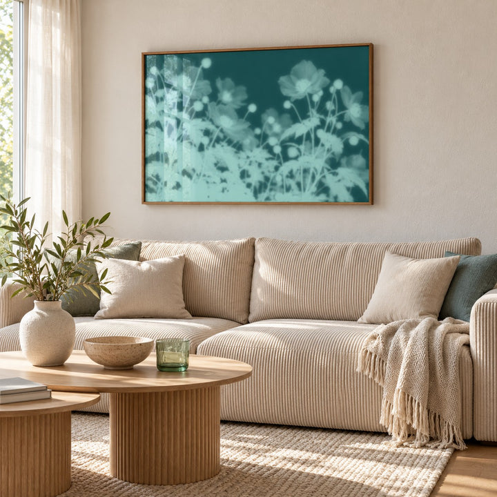 Teal Anemone Print styled in a living room (frame not included)