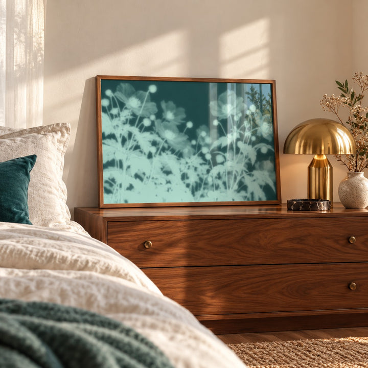 Teal Anemone Print styled in a bedroom (frame not included)