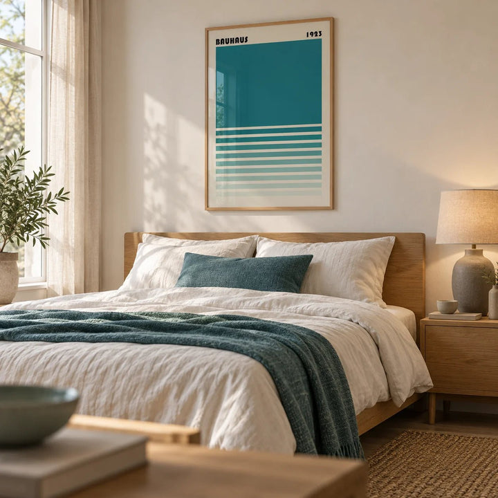 Teal Blue Gradient Wall Art, framed on the wall of a calm modern bedroom