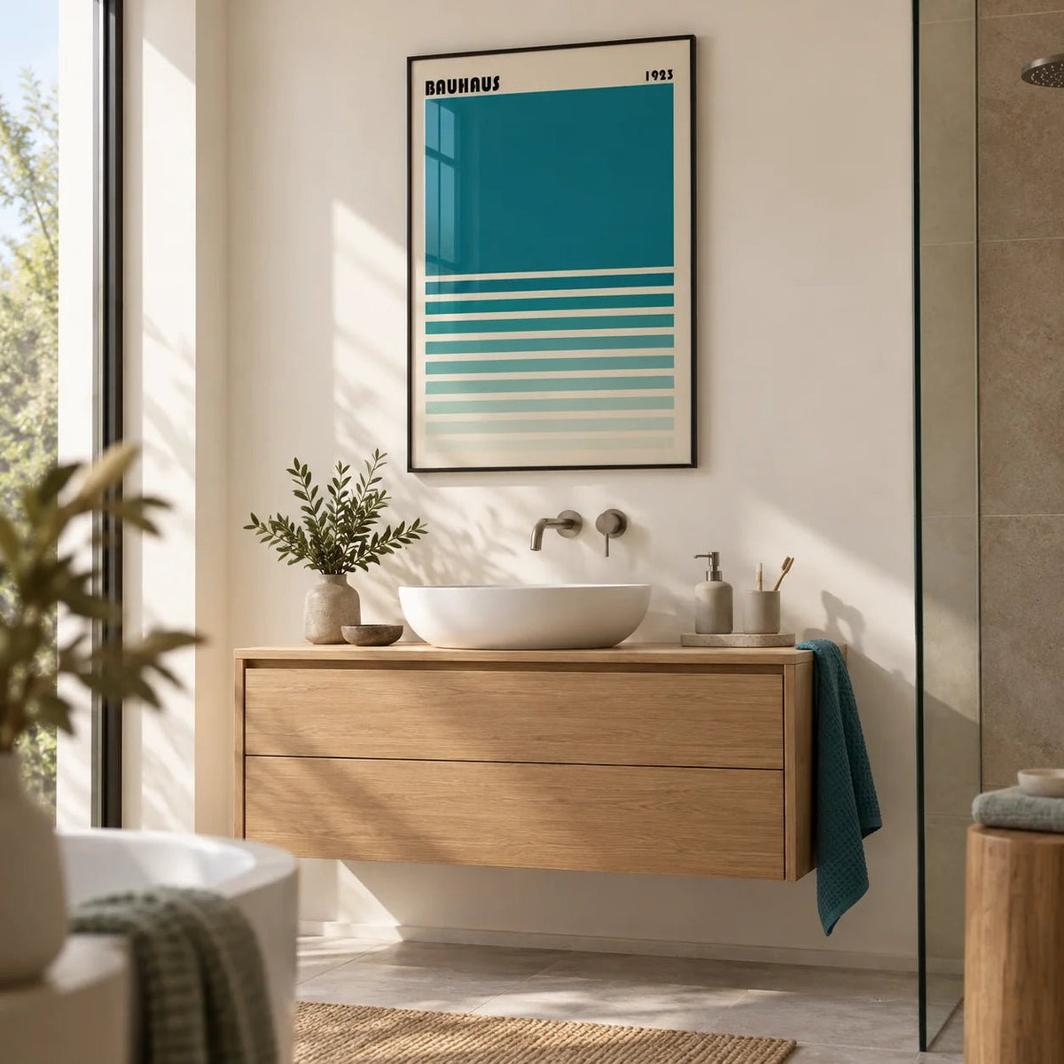 Teal Blue Gradient Wall Art, framed on the wall of a modern bathroom