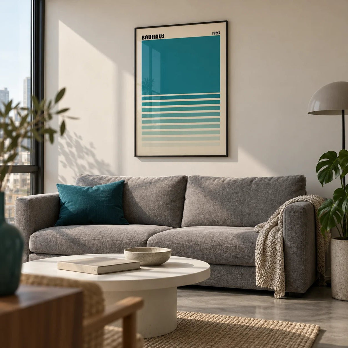Teal Blue Gradient Wall Art, framed on the wall of a modern city apartment living room