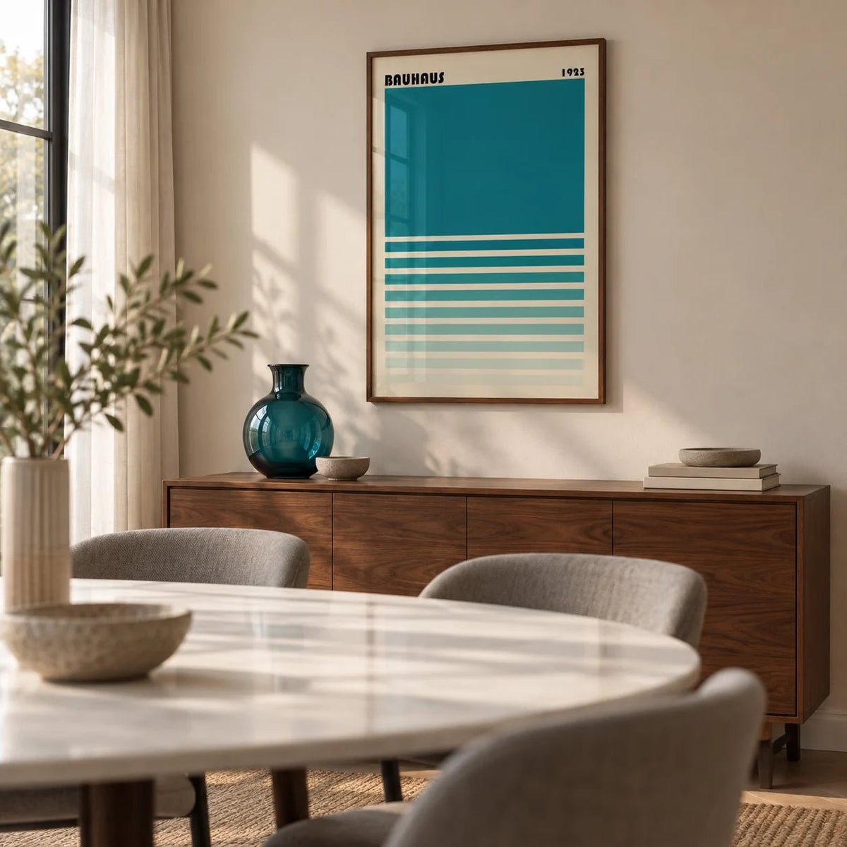Teal Blue Gradient Wall Art, framed on the wall of a modern dining room