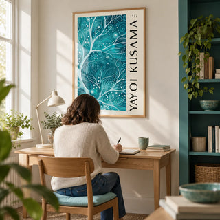Teal Color Wall Art, framed on the wall of a bright home study in a UK flat with warm white walls and a recessed teal bookcase