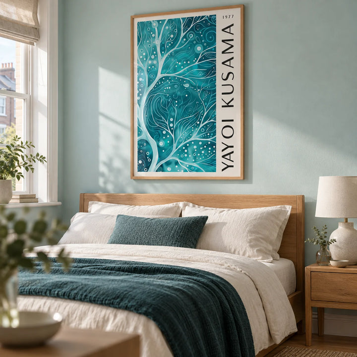 Teal Color Wall Art, framed on the wall of a calm contemporary bedroom in a UK terraced home with a pale aqua painted wall