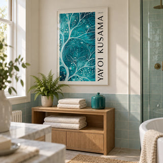 Teal Color Wall Art, framed on the wall of a contemporary bathroom in a UK townhouse with a warm white upper wall and plain pale aqua tiles below