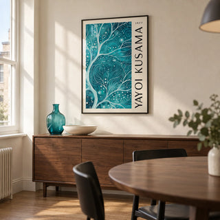 Teal Color Wall Art, framed on the wall of a modern dining room in a renovated UK maisonette with an ivory plaster wall