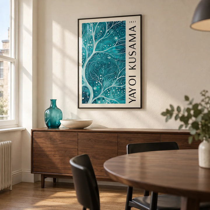 Teal Color Wall Art, framed on the wall of a modern dining room in a renovated UK maisonette with an ivory plaster wall