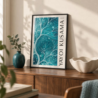 Teal Color Wall Art, a small A4 framed print leaning on a walnut sideboard in a living room