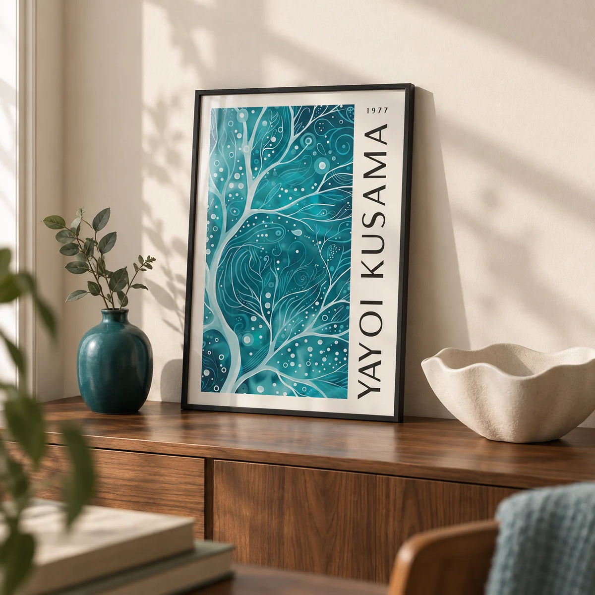Teal Color Wall Art, a small A4 framed print leaning on a walnut sideboard in a living room