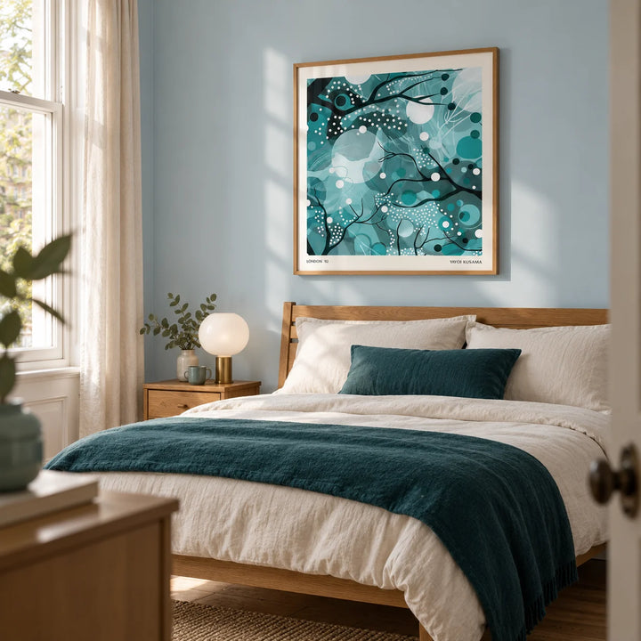 Teal Home Decor, framed on the wall of a calm contemporary bedroom in a Victorian terrace with a pale blue painted wall