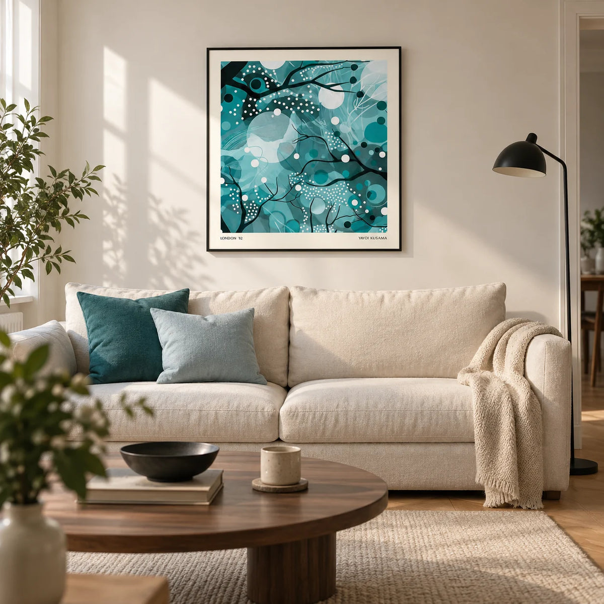 Teal Home Decor, framed on the wall of a contemporary living room in a UK city flat with warm white walls and an oak floor