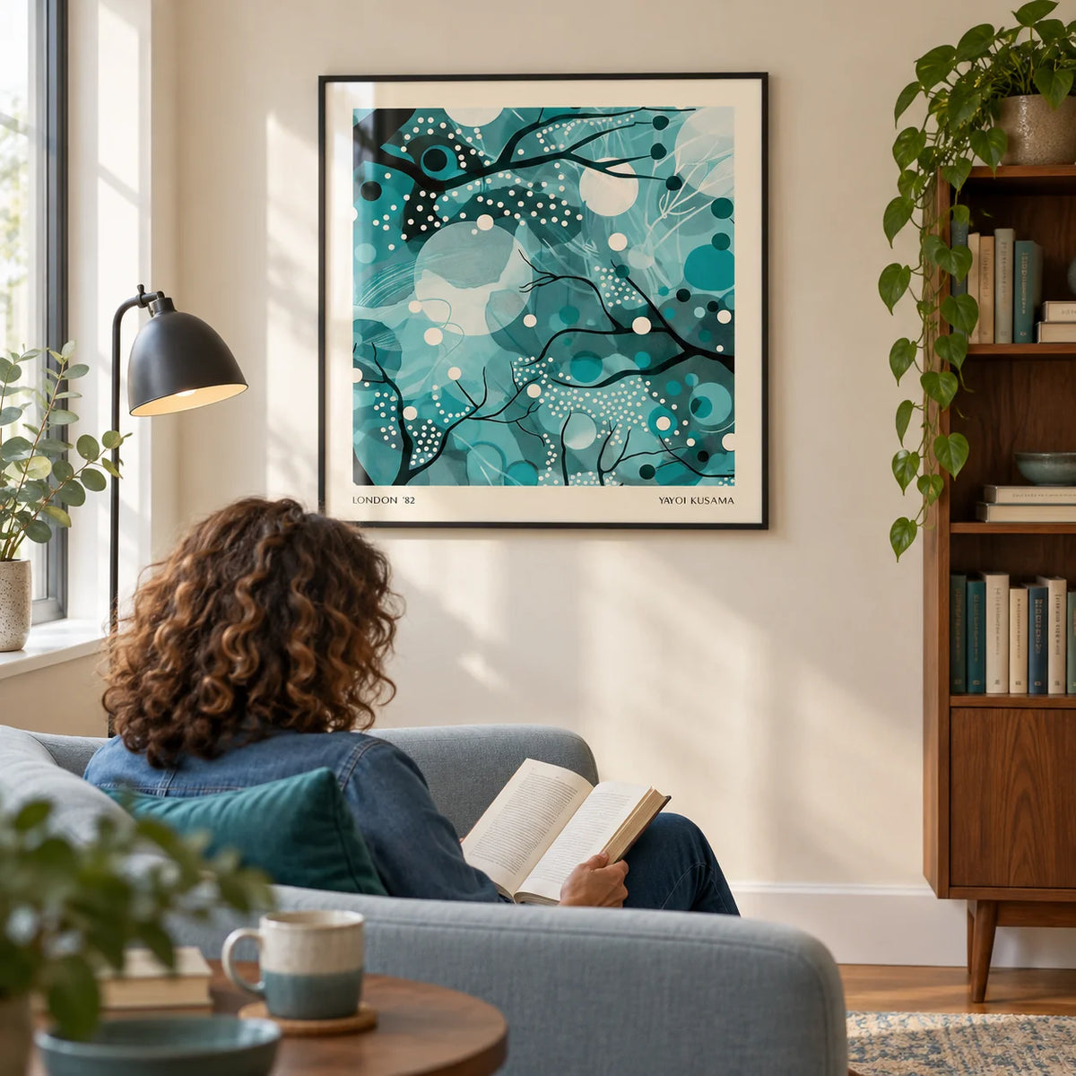 Teal Home Decor, framed on the wall of a modern reading corner in a UK flat with a cream wall and a low walnut bookcase in a living room