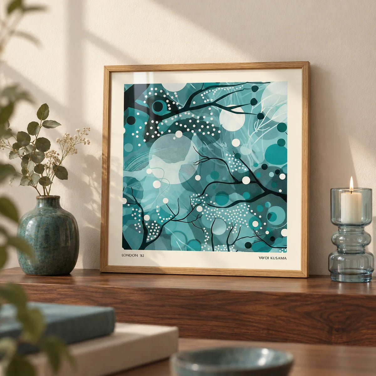 Teal Home Decor, a small A4 framed print leaning on a walnut shelf in a living room