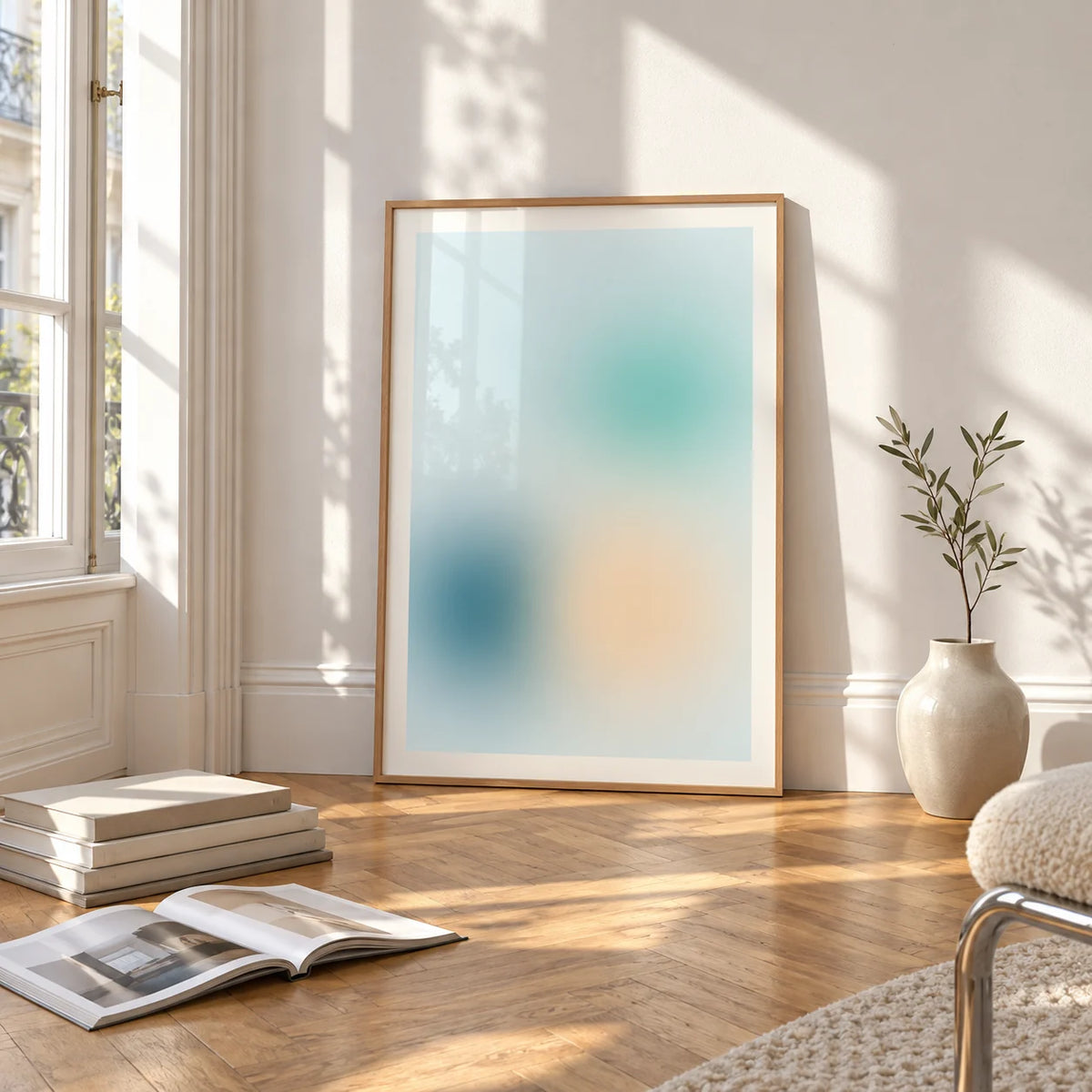 Teal Wall Art, framed and leaning on the parquet floor of a bright living room