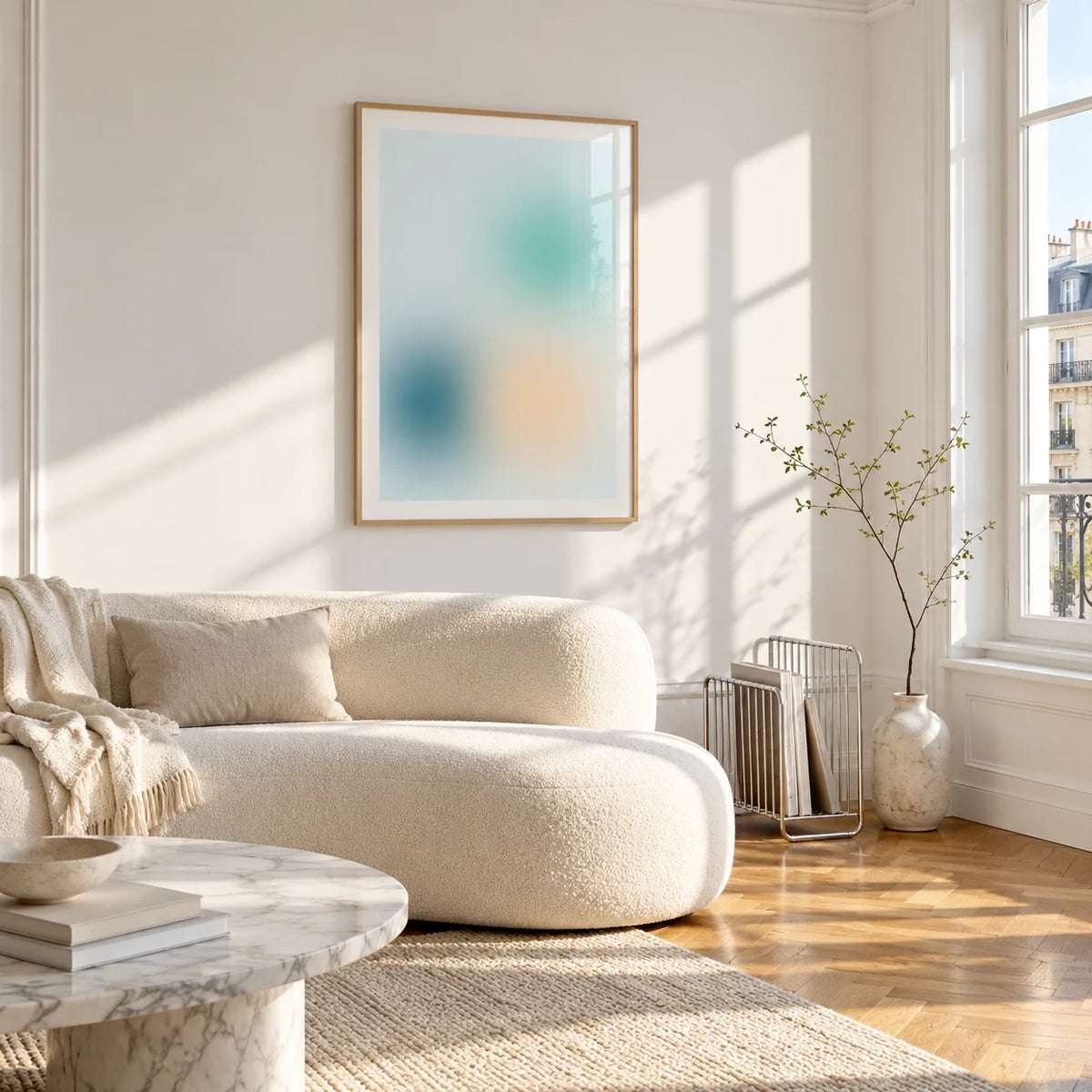Teal Wall Art, framed on the wall of a bright living room corner