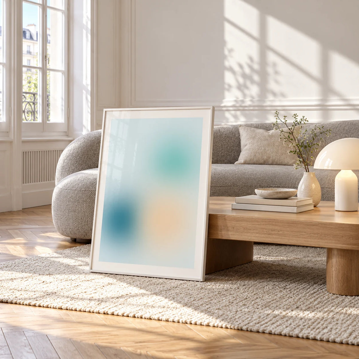 Teal Wall Art, framed and leaning against a coffee table in a bright living room
