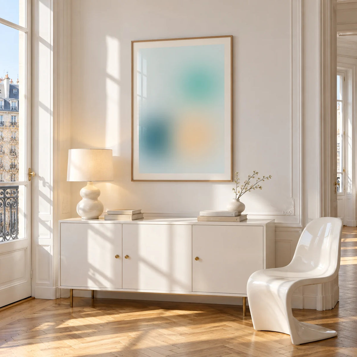 Teal Wall Art, framed on the wall of a bright Paris style apartment in a living room