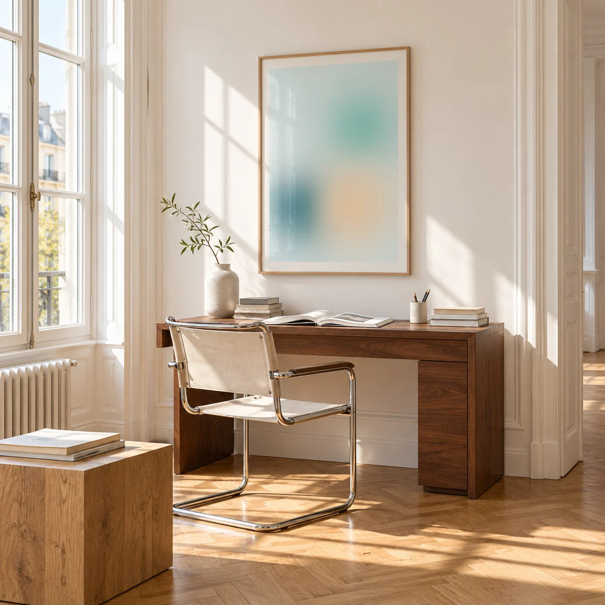 Teal Wall Art, framed on the wall of a bright study corner with a tall white paned window