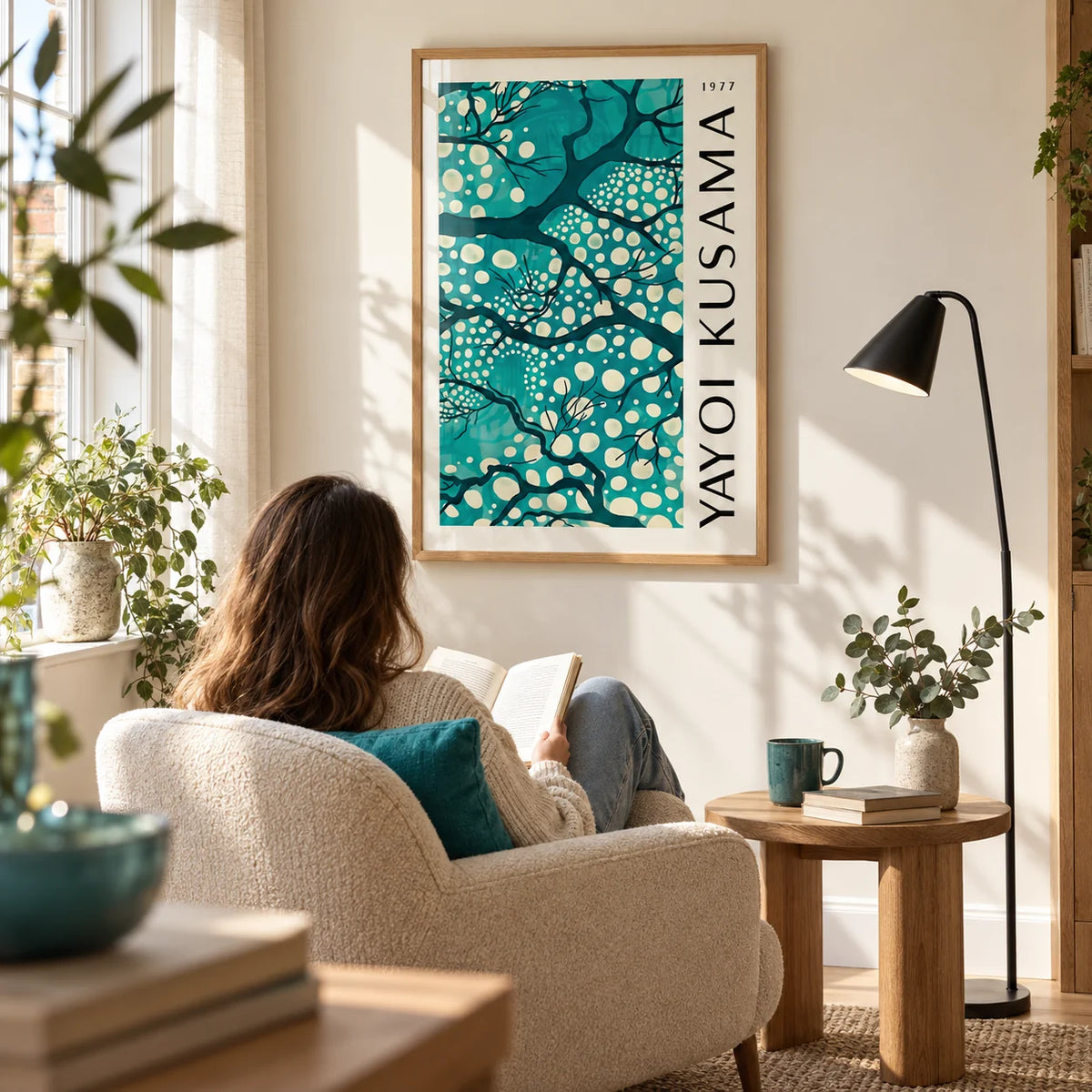 Teal Wall Art for Living Room, framed on the wall of a bright reading corner in a renovated terraced house with a pale cream wall