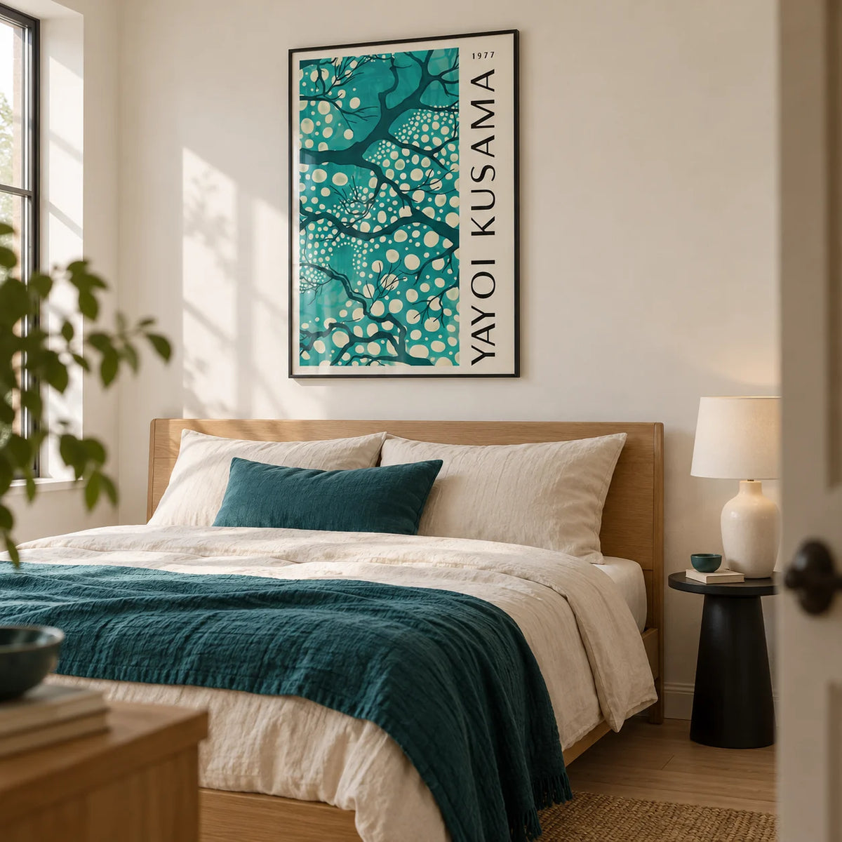 Teal Wall Art for Living Room, framed on the wall of a calm contemporary bedroom with a warm white wall and pale oak floor