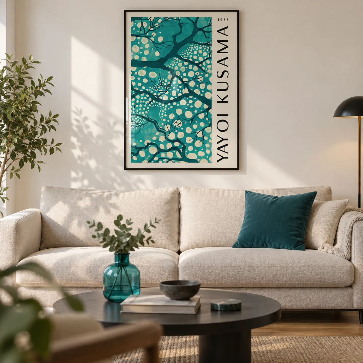 Teal Wall Art for Living Room, framed on the wall of a contemporary living room in a UK city flat with warm white walls and oak flooring