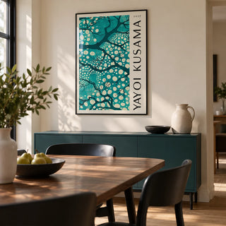 Teal Wall Art for Living Room, framed on the wall of a modern dining room in a compact UK townhouse with a cream wall