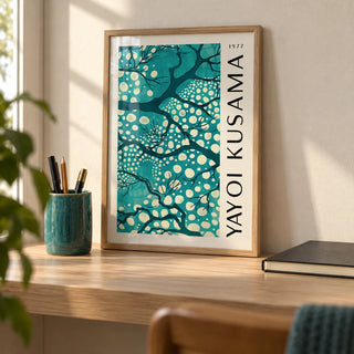 Teal Wall Art for Living Room, a small A4 framed print leaning on a pale oak desk