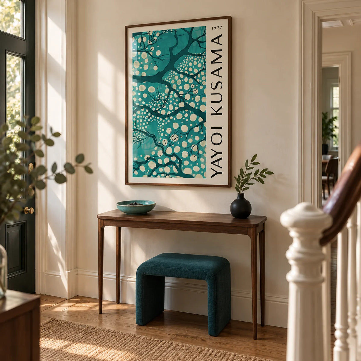 Teal Wall Art for Living Room, framed on the wall of a welcoming hallway in a Victorian terrace updated with contemporary furniture