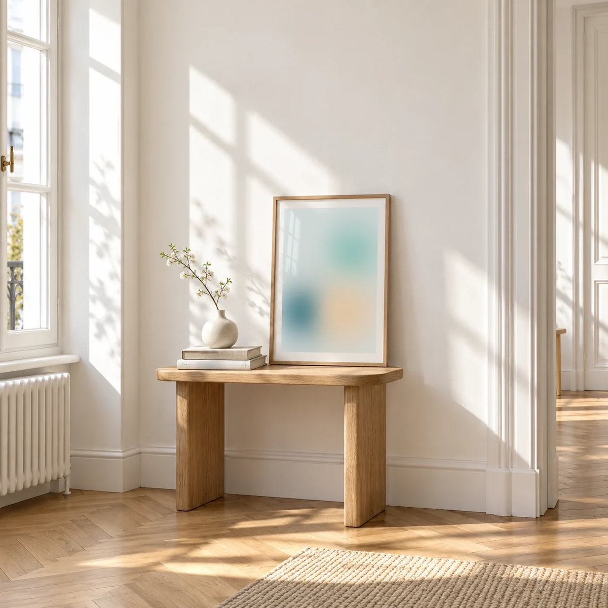 Teal Wall Art, a small A4 framed print leaning on a small solid oak side table