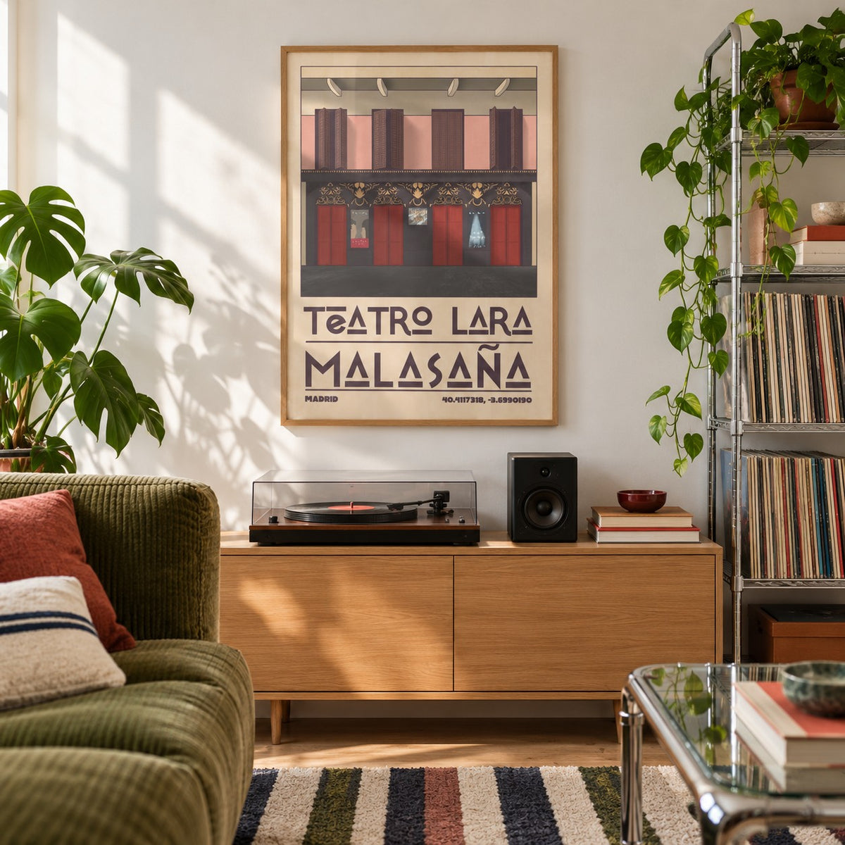 Teatro Lara Wall Art shown in a city apartment record corner (frame not included)