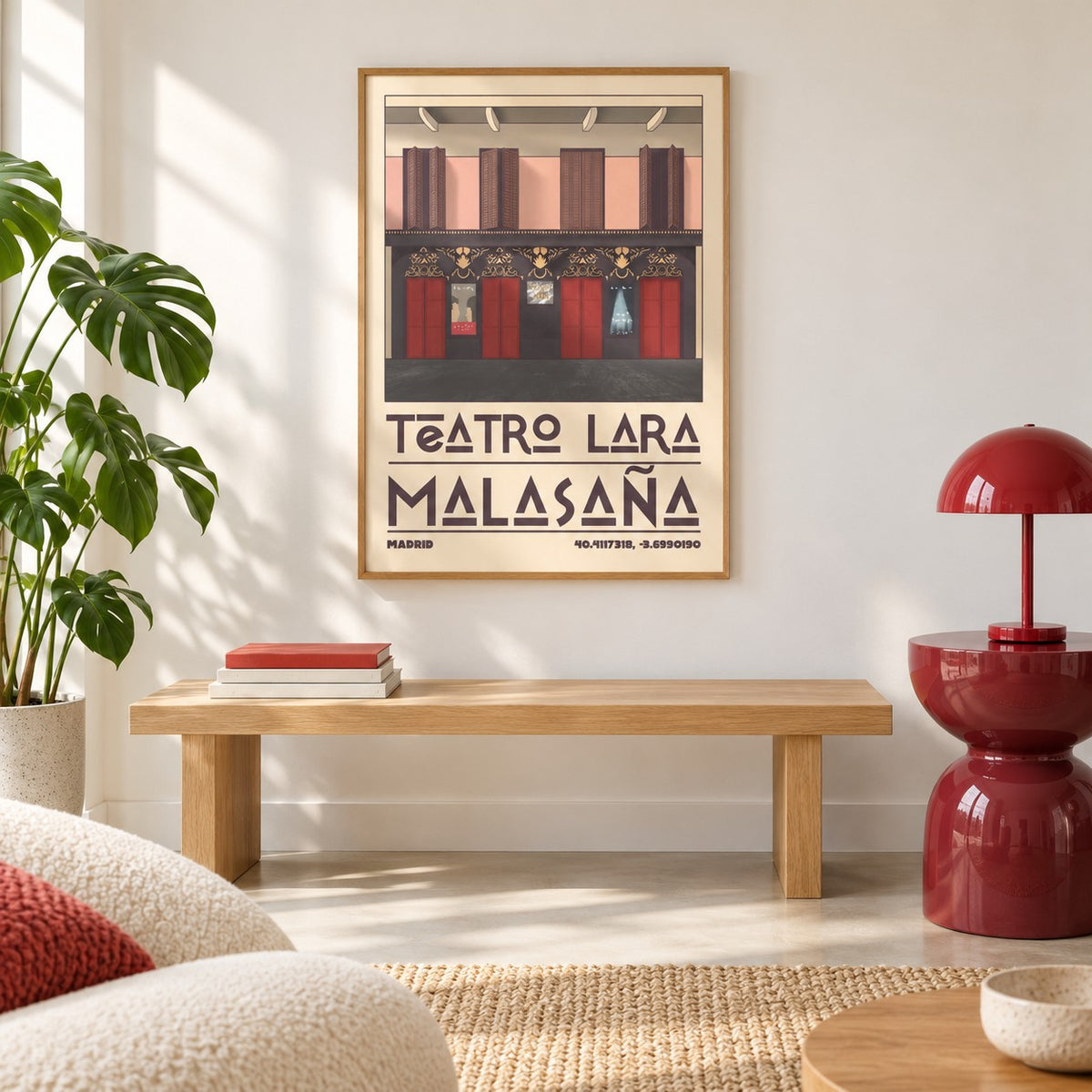 Teatro Lara Wall Art shown in a colourful minimalist living room with a bench (frame not included)